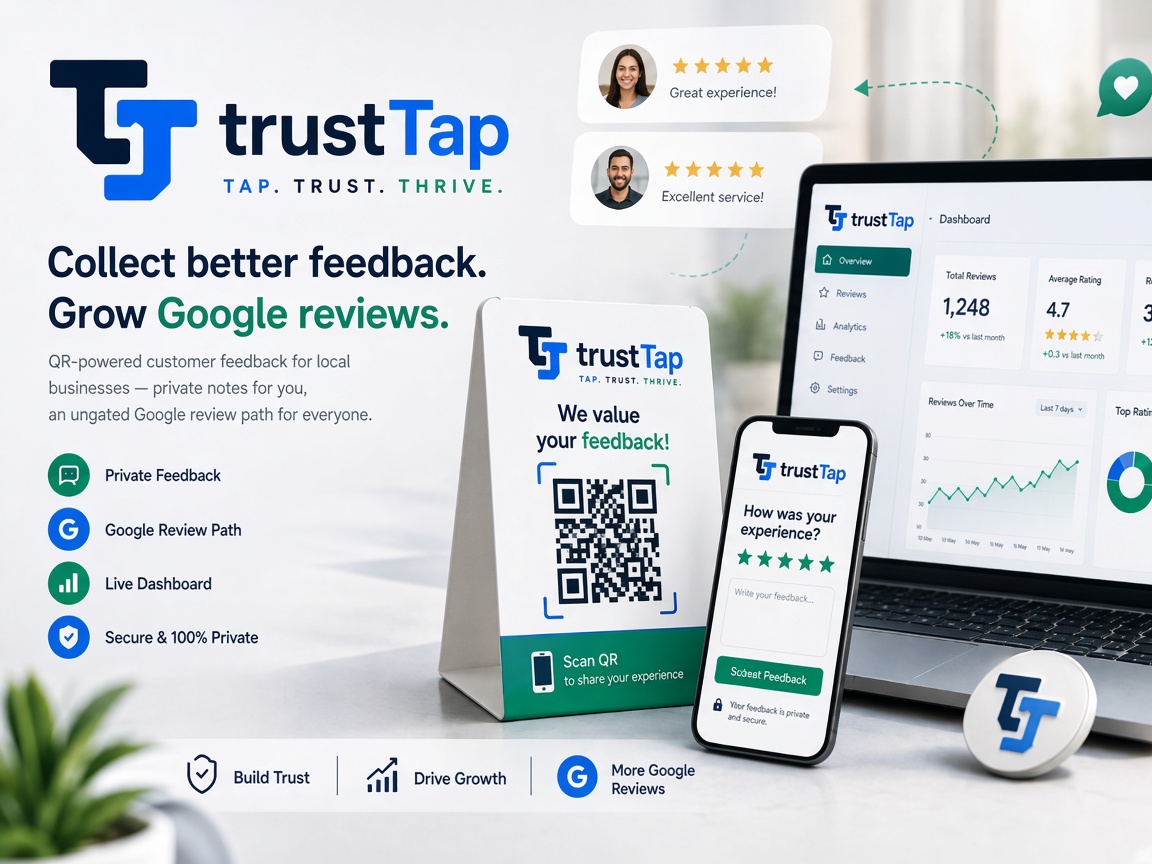 trustTap QR stand, mobile feedback form, and live dashboard